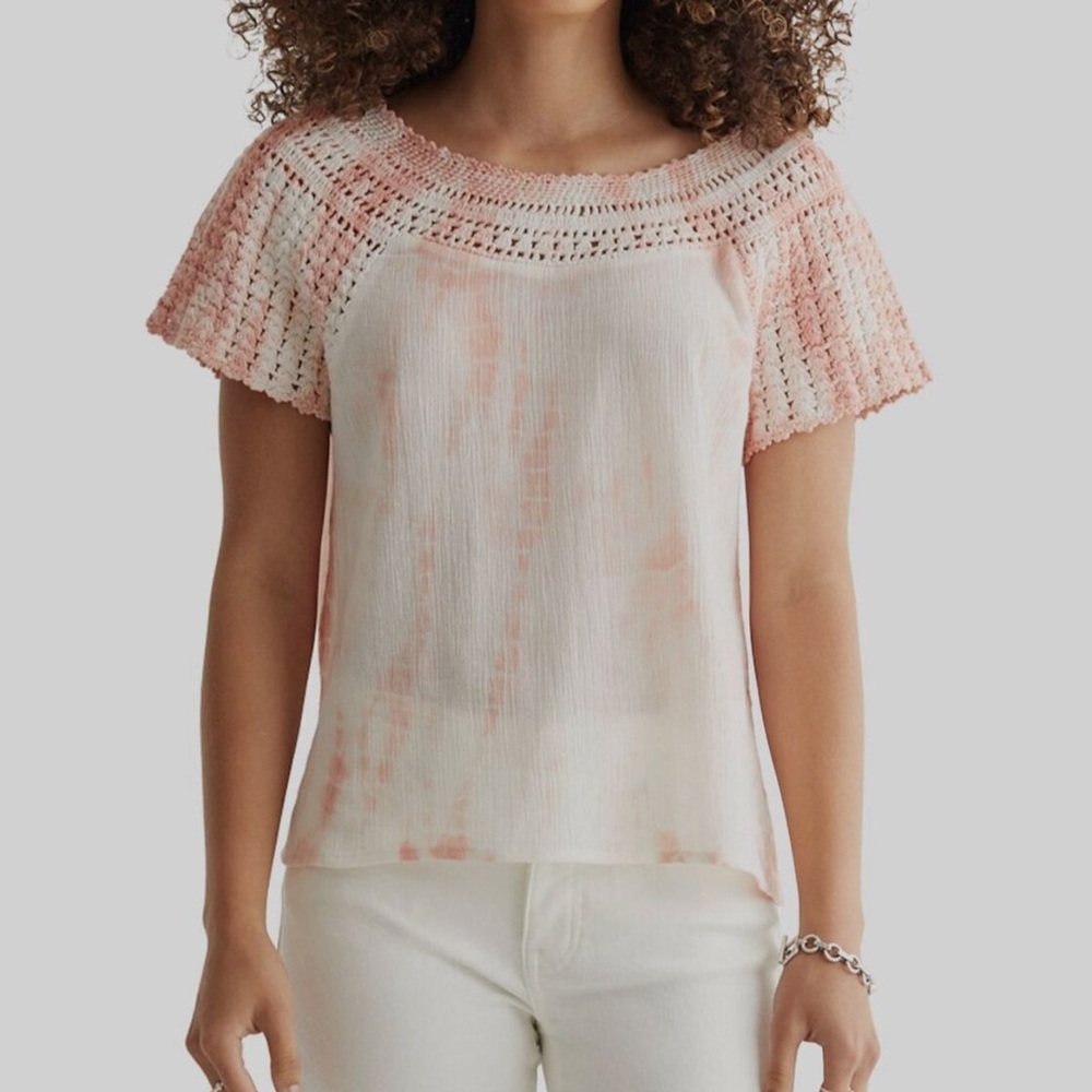 Lucky Brand tie-dye Short Sleeve Boat Neck Crochet Knit Top Size Small